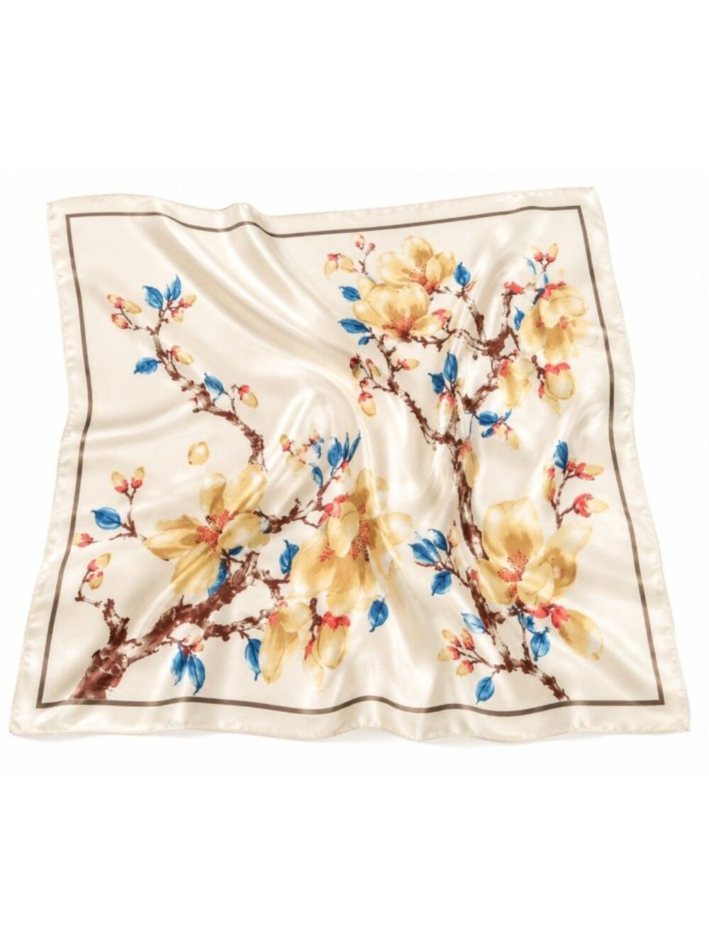Cream Floral Satin Scarf 35x35 Magnolia Square Head Hair Neck Scarf for Women